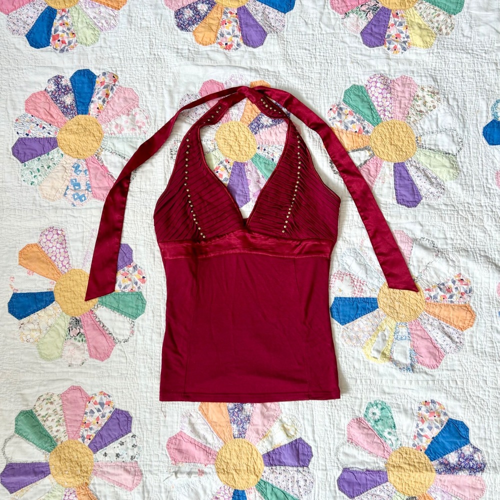Vintage 2000s Papaya Red Studded Halter Top Size M Burgundy V-Neck Boho